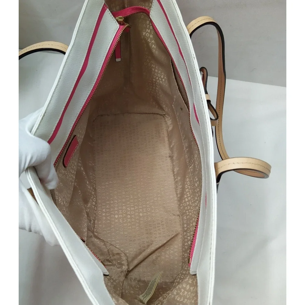 Kate Spade Pink Stripe Leather Trim Bow Double Handles Zipper Tote Shoulder Bag